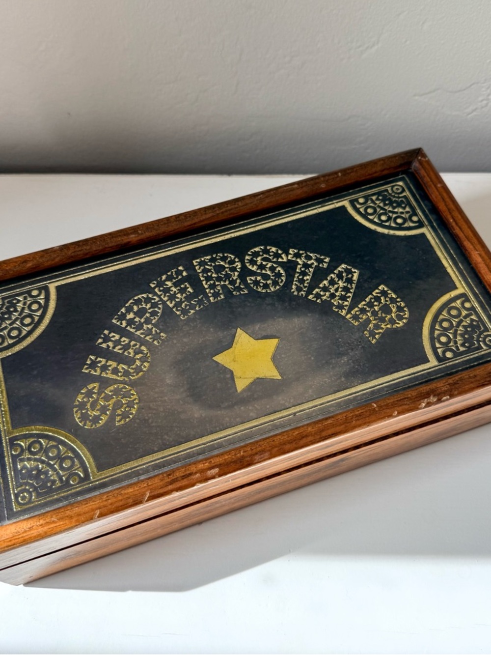 Vintage SUPER STAR Solid Wood & Gold Toned Mirror Jewelry Box Trinket Chest